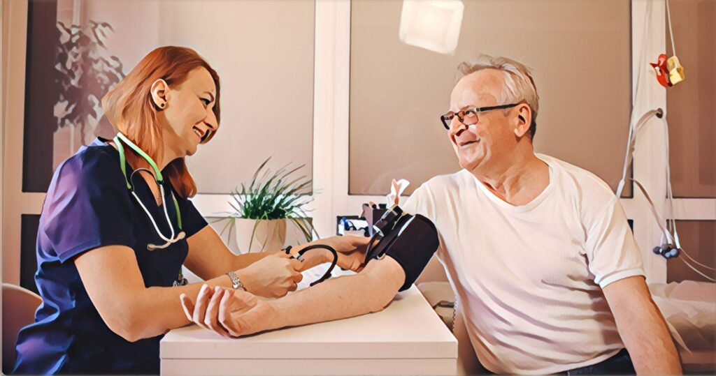 a man having his blood pressure taken by a nurse